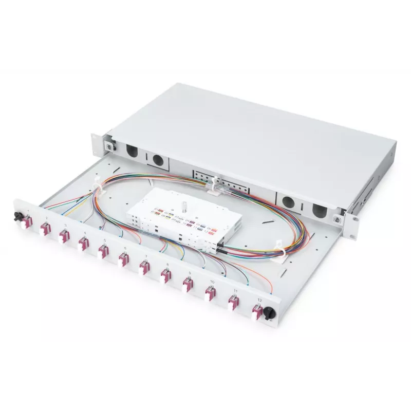 DIGITUS Caixa de emenda deslizante de fibra ótica, 1U, equipada com 12x LC Duplex, incl. parafuso M25, cassete de emenda, pigtails coloridos OM4, adaptadores
