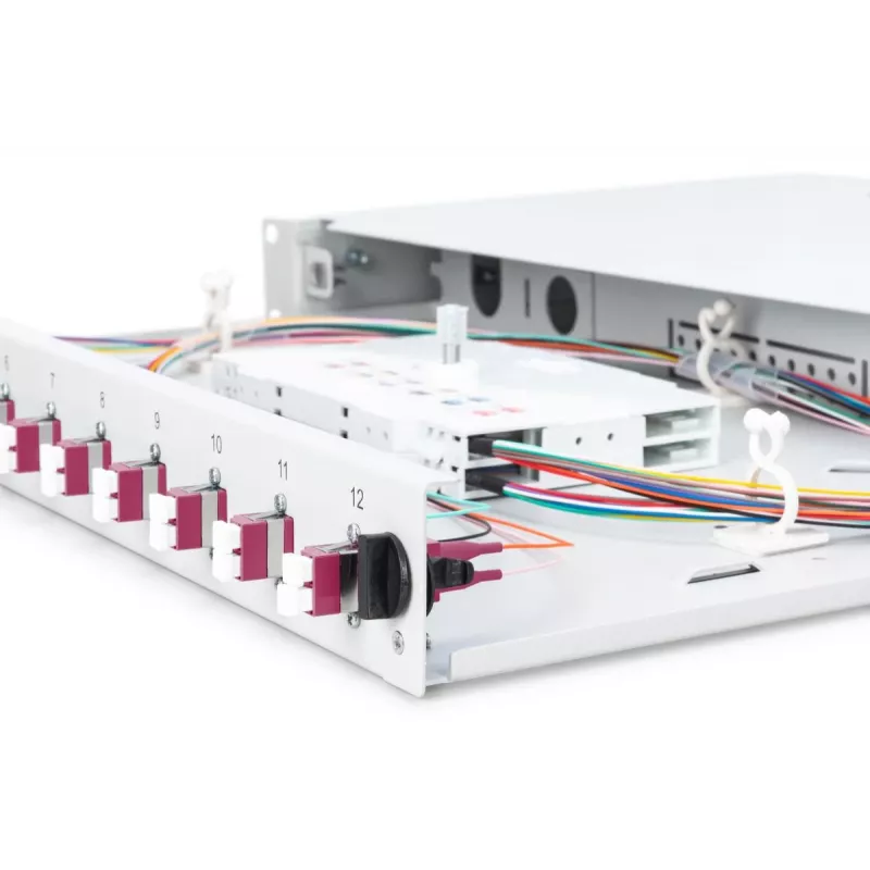 DIGITUS Caixa de emenda deslizante de fibra ótica, 1U, equipada com 12x LC Duplex, incl. parafuso M25, cassete de emenda, pigtails coloridos OM4, adaptadores