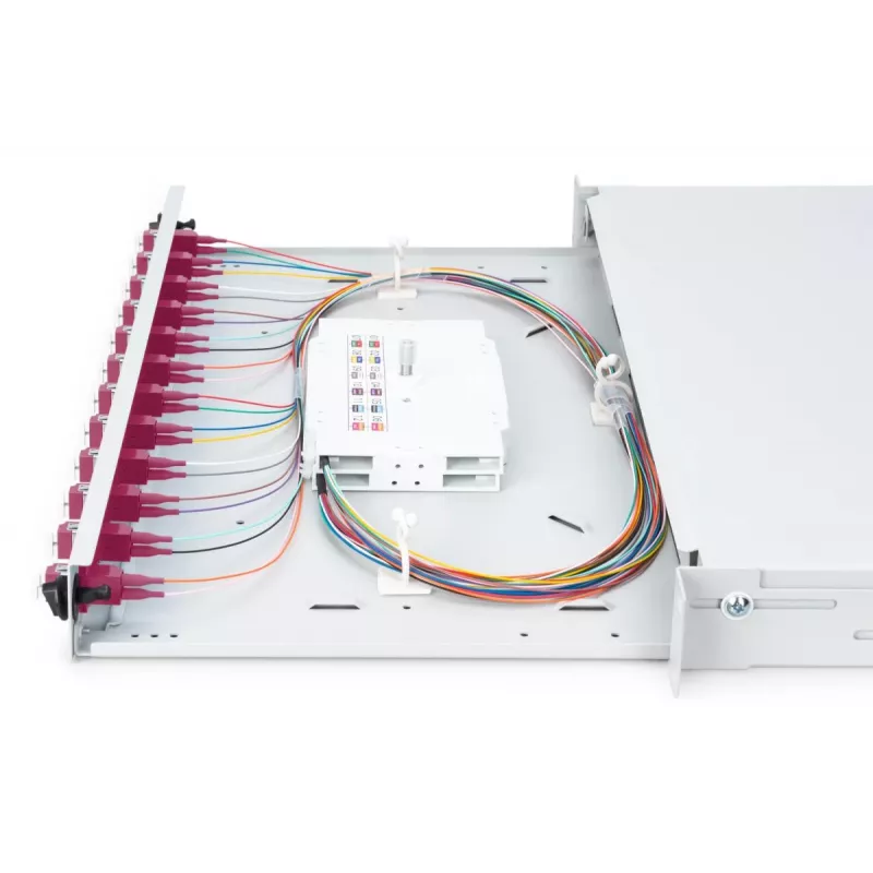 DIGITUS Caixa de emenda deslizante de fibra ótica, 1U, equipada com 12x LC Duplex, incl. parafuso M25, cassete de emenda, pigtails coloridos OM4, adaptadores