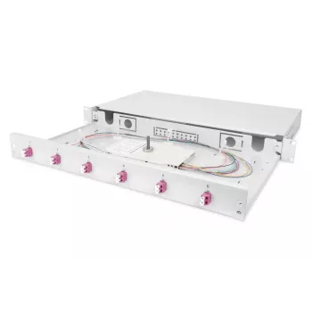 Caixa de fusão de fibra ótica DIGITUS de encaixe, 1HE, equipada com 6x LC-Duplex, incl. parafuso M 25, cassete de fusão OM4 pigtails coloridos, adaptador