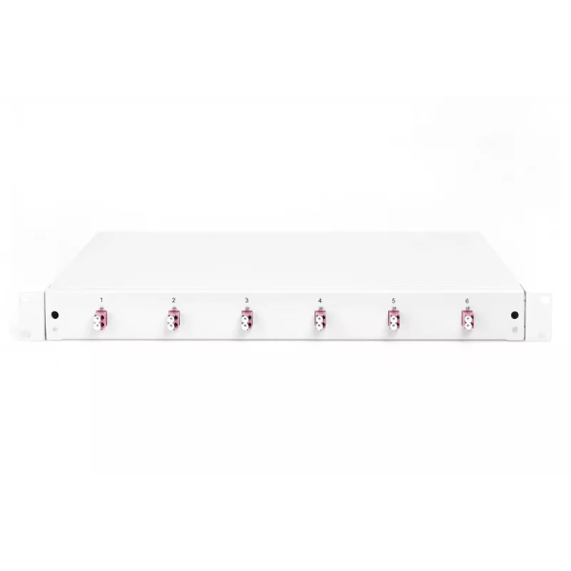 Caixa de fusão de fibra ótica DIGITUS de encaixe, 1HE, equipada com 6x LC-Duplex, incl. parafuso M 25, cassete de fusão OM4 pigtails coloridos, adaptador