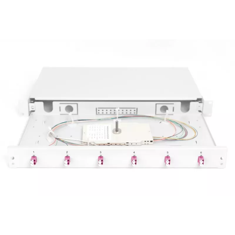 Caixa de fusão de fibra ótica DIGITUS de encaixe, 1HE, equipada com 6x LC-Duplex, incl. parafuso M 25, cassete de fusão OM4 pigtails coloridos, adaptador