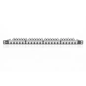 Patch panel modular DIGITUS, blindado 24 portas, campo de identificação, 0,5HE, montagem em rack, cor preto RAL 9005