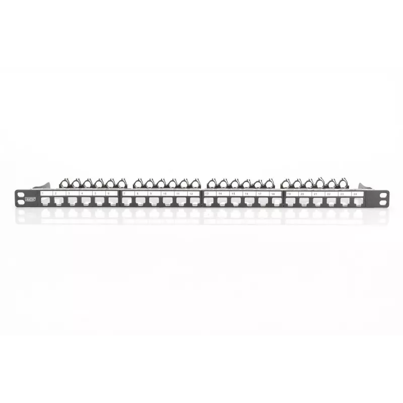 Patch panel modular DIGITUS, blindado 24 portas, campo de identificação, 0,5HE, montagem em rack, cor preto RAL 9005