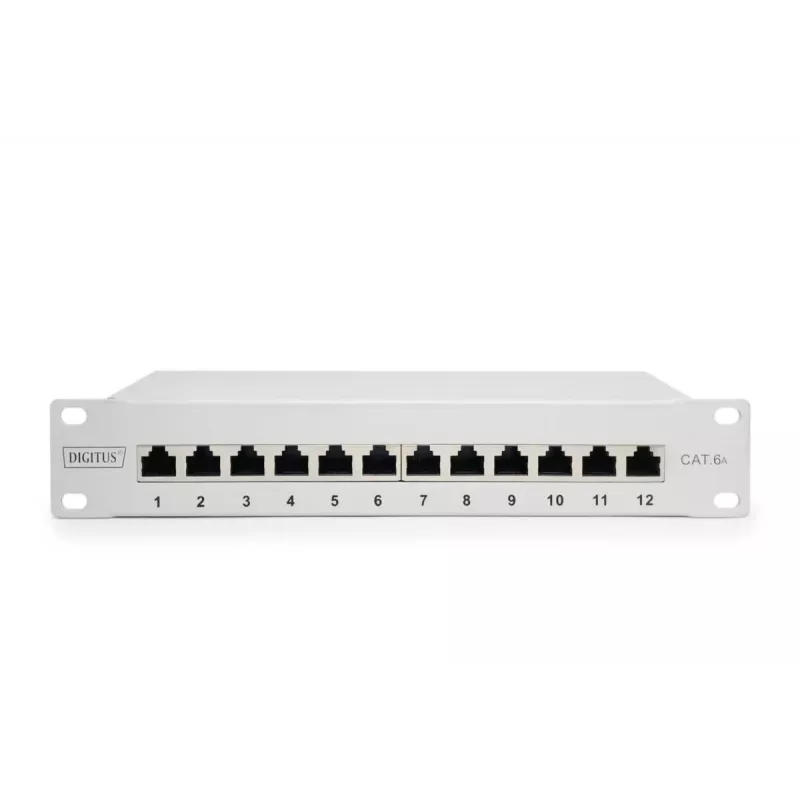 DIGITUS Patch panel CAT6A, blindado, 12 portas campo de identificação, 1U, 10 polegadas montagem em rack, cinzento RAL 7035