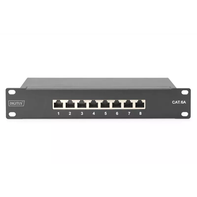 DIGITUS Patch panel CAT6A blindado, 8 portas 1U, 10 polegadas montagem em rack, preto RAL 9005