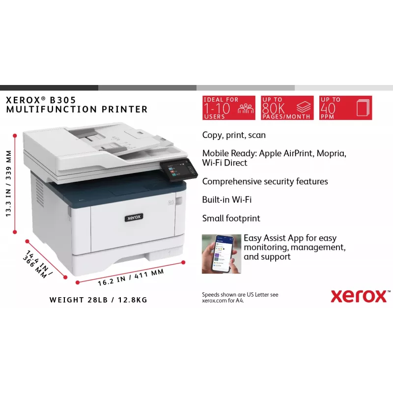 Xerox B305 A4 38 ppm sem fios duplex copiar/imprimir/digitalizar PS3 PCL5e/6 2 tabuleiros 350 folhas