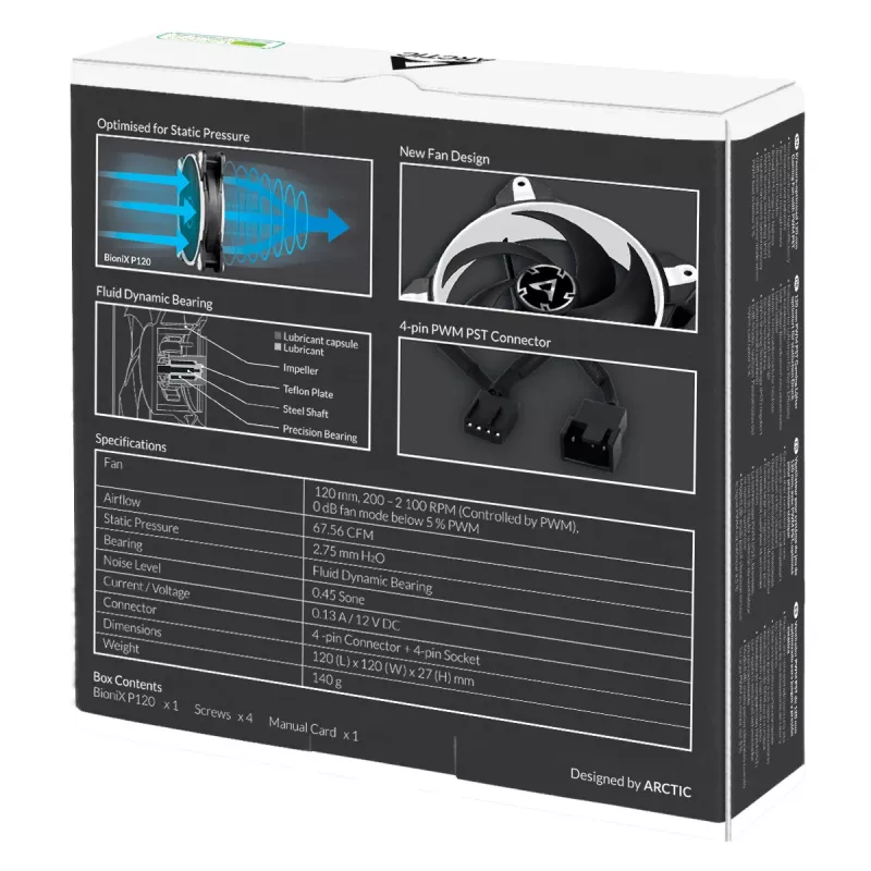 ARCTIC BioniX P120 (branco) – Ventoinha de gaming de 120 mm otimizada para pressão com PWM PST