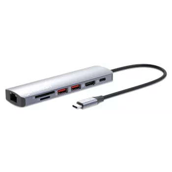 Dock/hub USB-C Manhattan com leitor de cartões, ligações (x5): Ethernet, HDMI, USB-A (x2) e USB-C, com Power Delivery (PD) 100 W – requer carregador USB-C externo (não incluído). Alimentado por USB (não requer fonte de alimentação externa) quando o PD não é utilizado