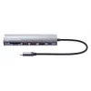 Dock/hub USB-C Manhattan com leitor de cartões, ligações (x5): Ethernet, HDMI, USB-A (x2) e USB-C, com Power Delivery (PD) 100 W – requer carregador USB-C externo (não incluído). Alimentado por USB (não requer fonte de alimentação externa) quando o PD não é utilizado