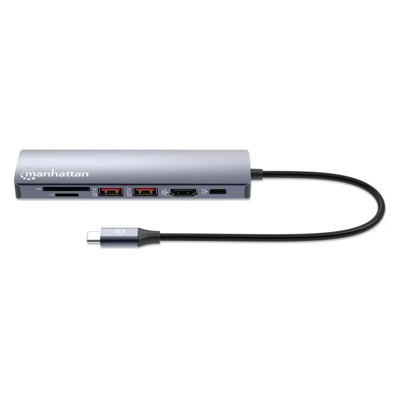 Dock/hub USB-C Manhattan com leitor de cartões, ligações (x5): Ethernet, HDMI, USB-A (x2) e USB-C, com Power Delivery (PD) 100 W – requer carregador USB-C externo (não incluído). Alimentado por USB (não requer fonte de alimentação externa) quando o PD não é utilizado