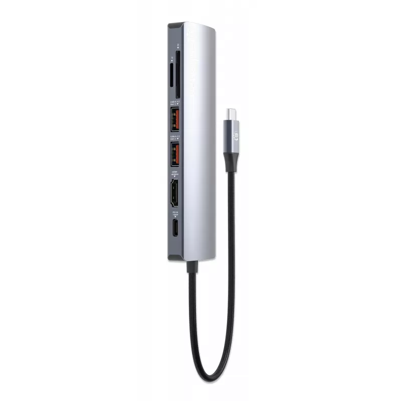 Dock/hub USB-C Manhattan com leitor de cartões, ligações (x5): Ethernet, HDMI, USB-A (x2) e USB-C, com Power Delivery (PD) 100 W – requer carregador USB-C externo (não incluído). Alimentado por USB (não requer fonte de alimentação externa) quando o PD não é utilizado