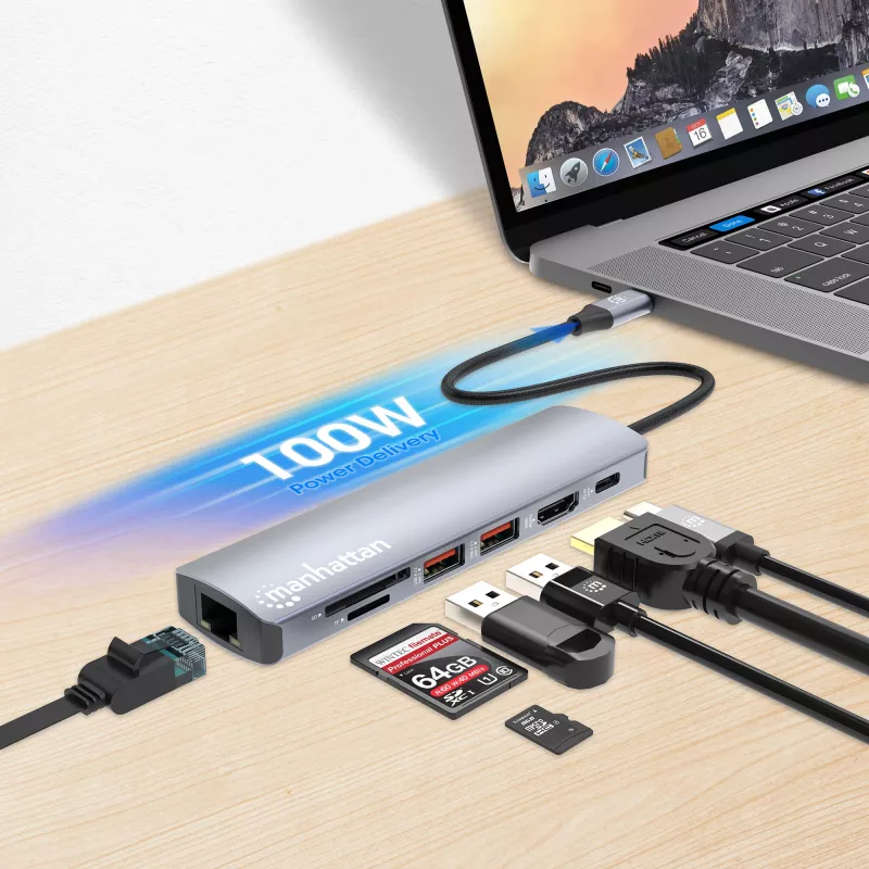 Dock/hub USB-C Manhattan com leitor de cartões, ligações (x5): Ethernet, HDMI, USB-A (x2) e USB-C, com Power Delivery (PD) 100 W – requer carregador USB-C externo (não incluído). Alimentado por USB (não requer fonte de alimentação externa) quando o PD não é utilizado