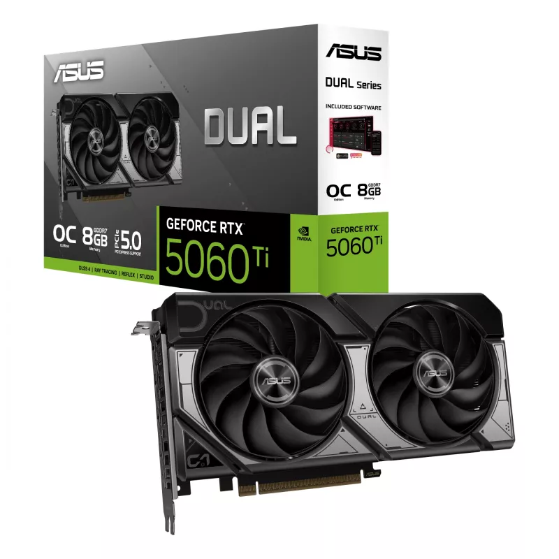 Placa gráfica ASUS GeForce RTX 5060 Ti 8 GB GDDR7, PCIe 5.0, 128 bits, 2602 MHz boost, 2,5 slots, 229 mm