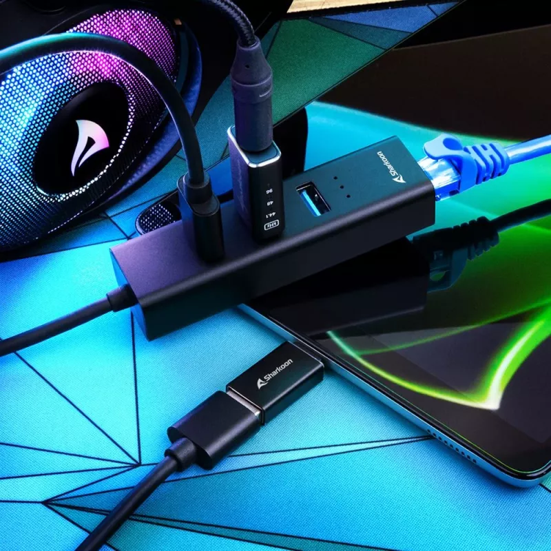 SHARKOON Hub USB - 3-Port USB 3.2 Gen 1 alumínio + Ethernet preto