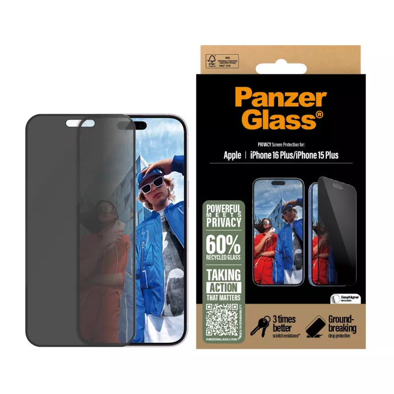 PanzerGlass® protetor de ecrã de privacidade iPhone 16 Plus | 15 Plus | Ultra-Wide Fit com EasyAligner