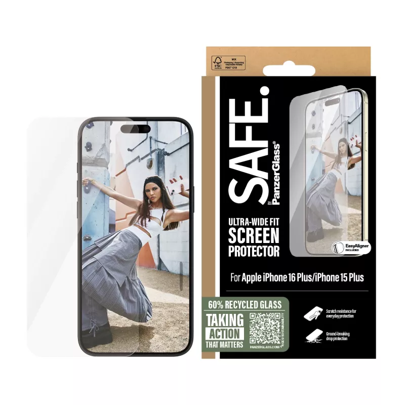 PanzerGlass SAFE. by ® película de proteção de ecrã iPhone 16 Plus | 15 Plus | Ultra-Wide Fit