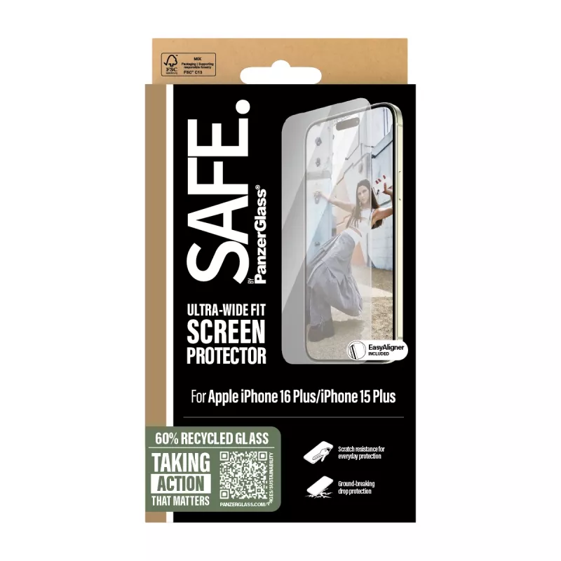 PanzerGlass SAFE. by ® película de proteção de ecrã iPhone 16 Plus | 15 Plus | Ultra-Wide Fit