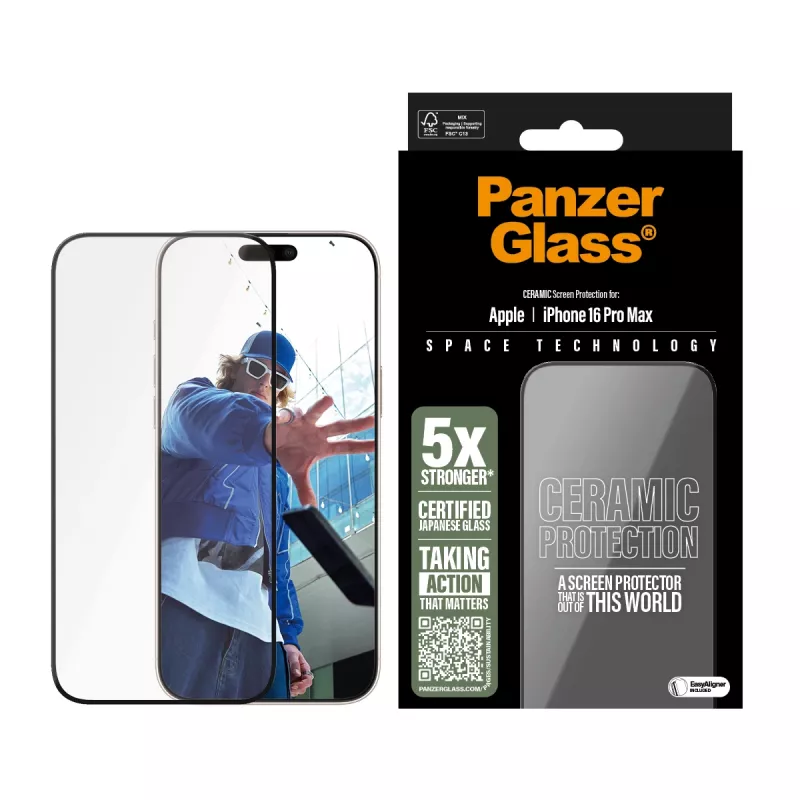 PanzerGlass ® proteção de ecrã em cerâmica iPhone 16 Pro Max | Ultra-Wide Fit com EasyAligner