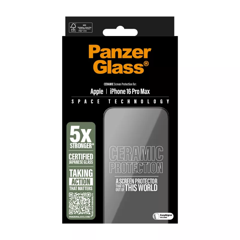 PanzerGlass ® proteção de ecrã em cerâmica iPhone 16 Pro Max | Ultra-Wide Fit com EasyAligner