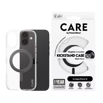 PanzerGlass CARE™ by ® capa transparente com kickstand preto e MagSafe iPhone 16
