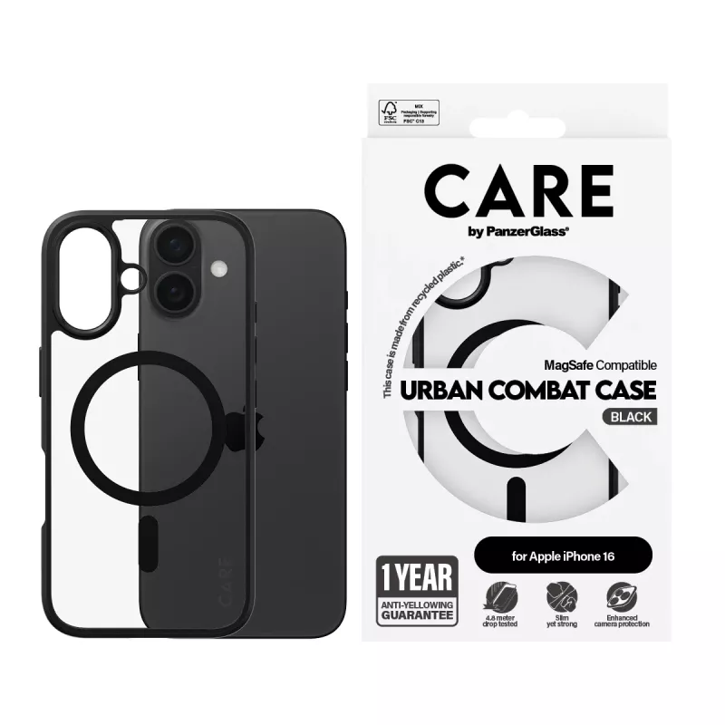 PanzerGlass CARE™ by ® Urban Combat capa transparente com moldura preta e MagSafe iPhone 16