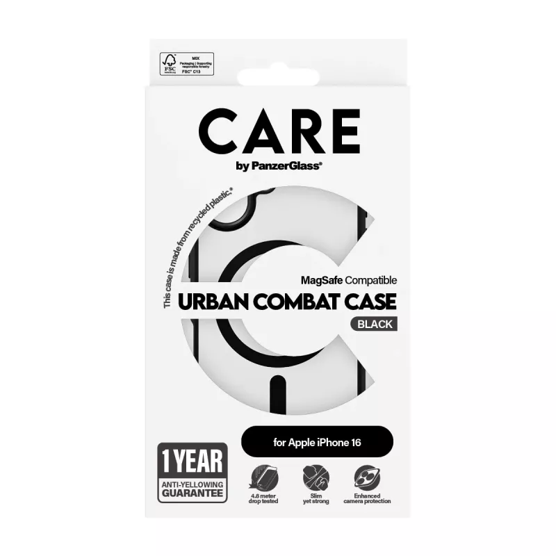 PanzerGlass CARE™ by ® Urban Combat capa transparente com moldura preta e MagSafe iPhone 16
