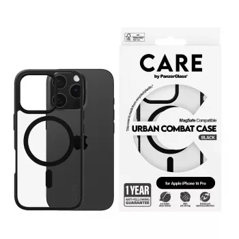 PanzerGlass CARE™ by ® Urban Combat capa transparente com moldura preta e MagSafe iPhone 16 Pro
