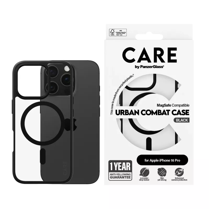 PanzerGlass CARE™ by ® Urban Combat capa transparente com moldura preta e MagSafe iPhone 16 Pro