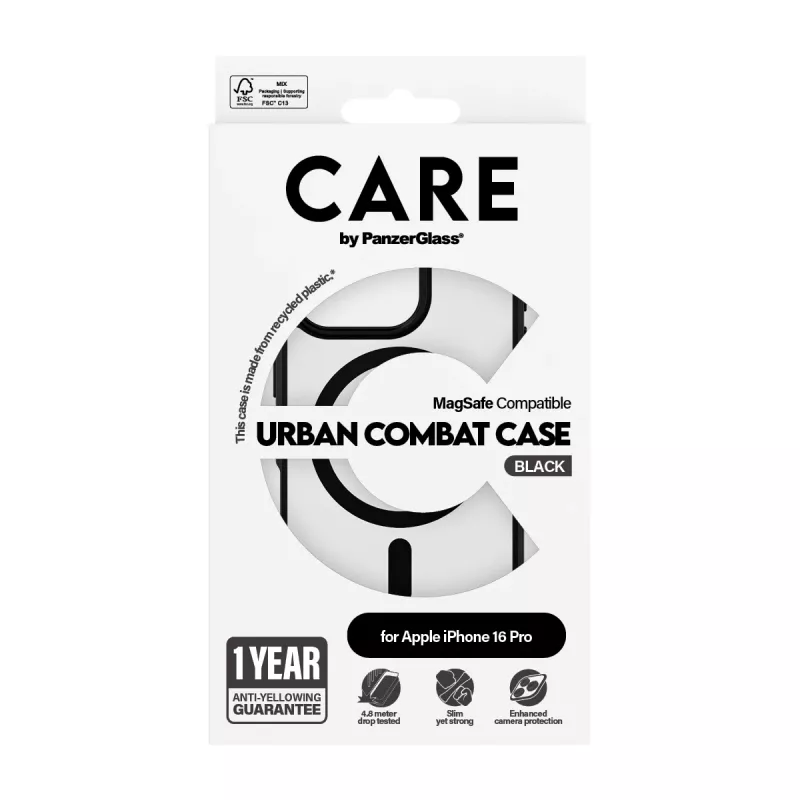 PanzerGlass CARE™ by ® Urban Combat capa transparente com moldura preta e MagSafe iPhone 16 Pro