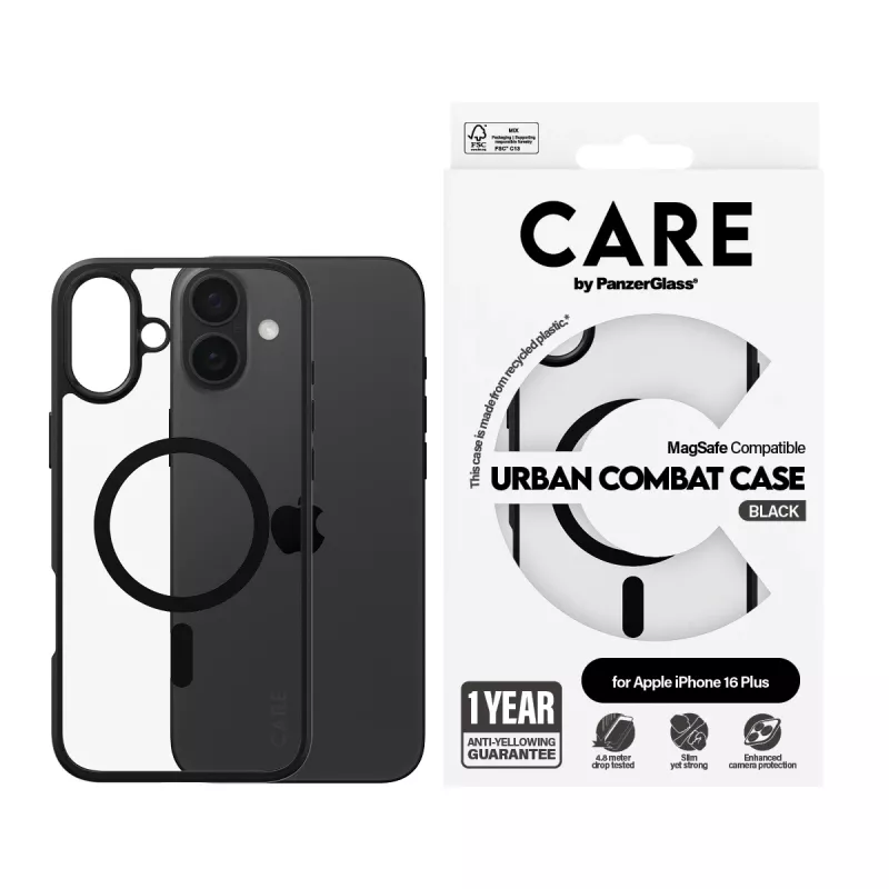 PanzerGlass CARE™ by ® Urban Combat capa transparente com moldura preta e MagSafe para iPhone 16 Plus