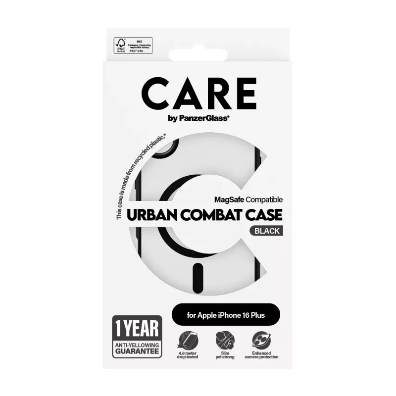 PanzerGlass CARE™ by ® Urban Combat capa transparente com moldura preta e MagSafe para iPhone 16 Plus