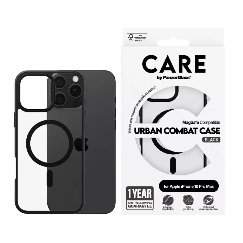 PanzerGlass CARE™ by ® Urban Combat capa transparente com moldura preta e MagSafe para iPhone 16 Pro Max