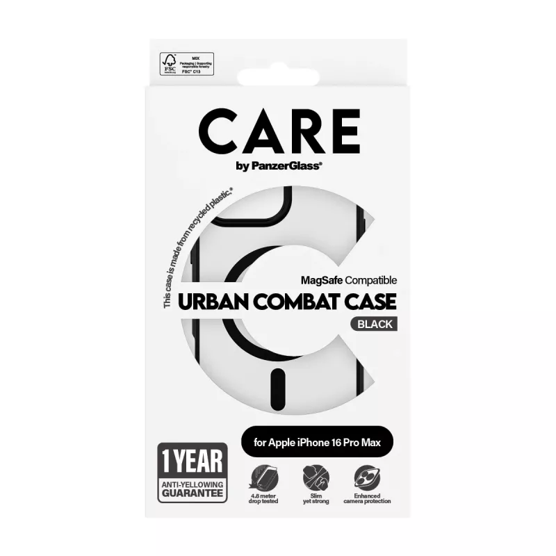 PanzerGlass CARE™ by ® Urban Combat capa transparente com moldura preta e MagSafe para iPhone 16 Pro Max