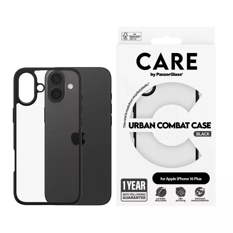 PanzerGlass CARE™ by ® Urban Combat capa transparente com moldura preta iPhone 16 Plus