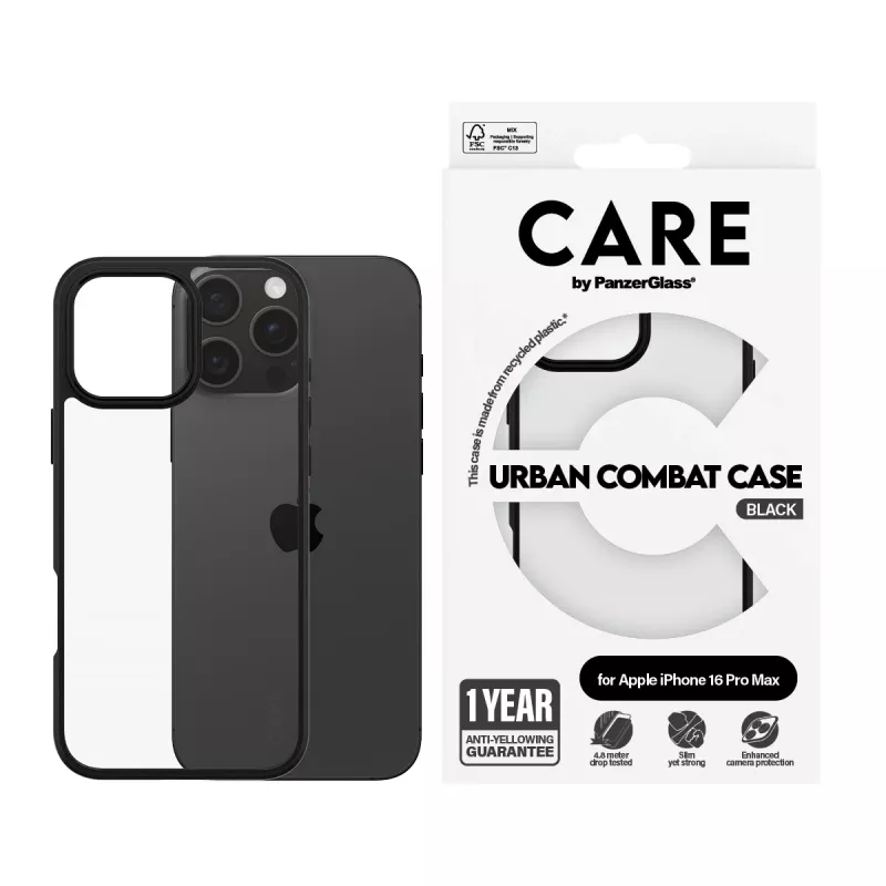 PanzerGlass CARE™ by ® Urban Combat capa transparente com moldura preta iPhone 16 Pro Max