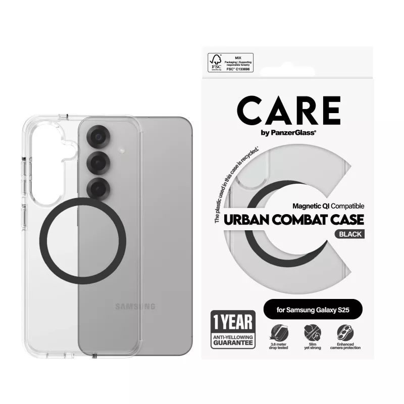 PanzerGlass CARE™ by ® Urban Combat capa transparente com preto compatível com Qi Samsung Galaxy S25