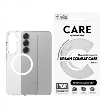 PanzerGlass CARE™ by ® Urban Combat capa, transparente, com branco, compatível com Qi para Samsung Galaxy S25+