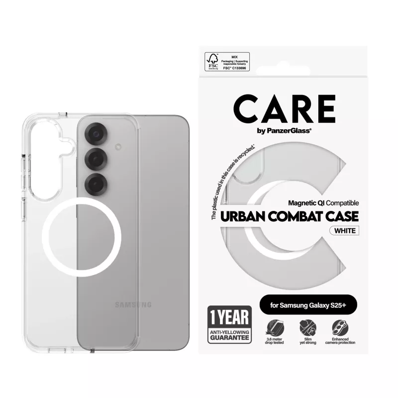 PanzerGlass CARE™ by ® Urban Combat capa, transparente, com branco, compatível com Qi para Samsung Galaxy S25+