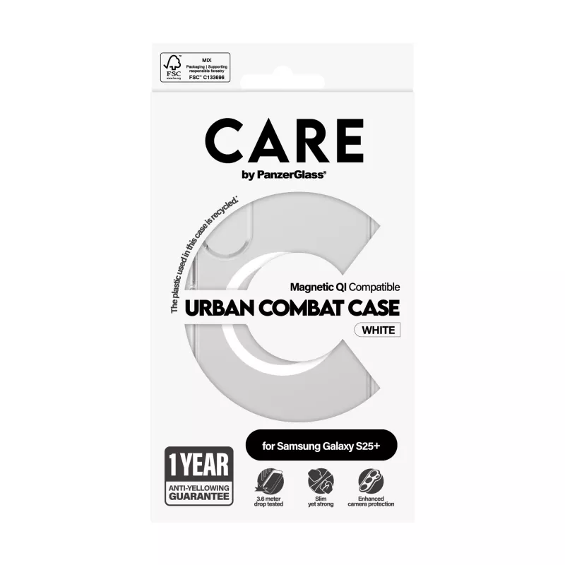 PanzerGlass CARE™ by ® Urban Combat capa, transparente, com branco, compatível com Qi para Samsung Galaxy S25+