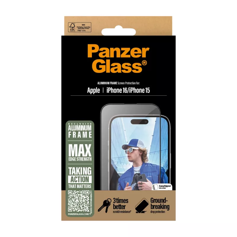 PanzerGlass ® proteção de ecrã com moldura de alumínio iPhone 16 | 15 | Ultra-Wide Fit