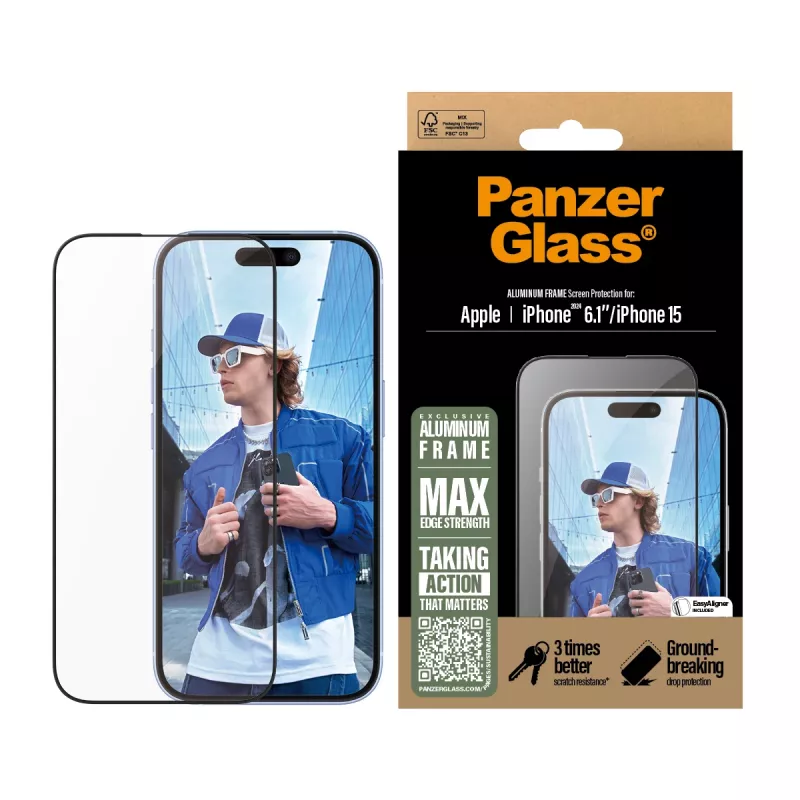 PanzerGlass ® proteção de ecrã com moldura de alumínio iPhone 16 | 15 | Ultra-Wide Fit