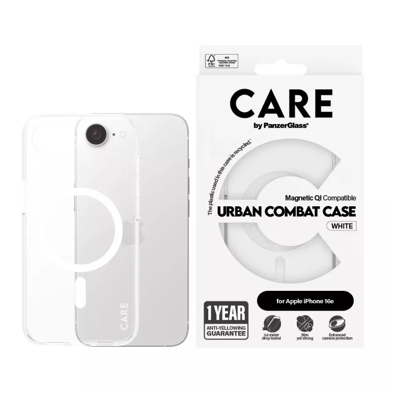 Capa PanzerGlass CARE by Flagship transparente Urban Combat Branco Qi compatível iPhone 16e