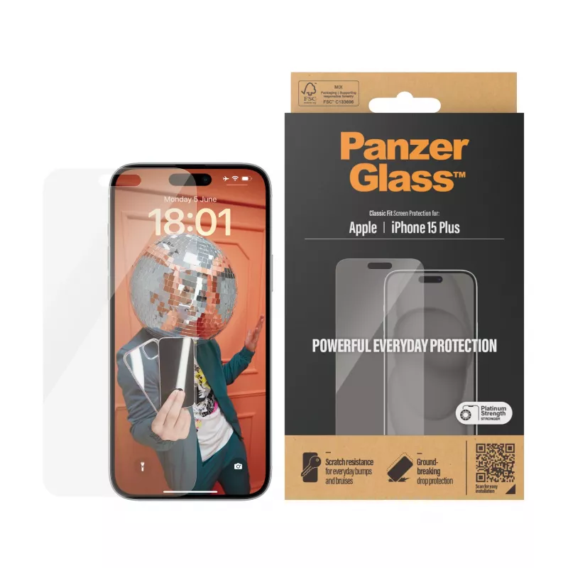 PanzerGlass® película de proteção de ecrã iPhone 15 Plus | Classic Fit, Apple, Apple - iPhone 15 Plus, aplicação a seco, resistente a riscos, resistente a choques, transparente, 1 unid.