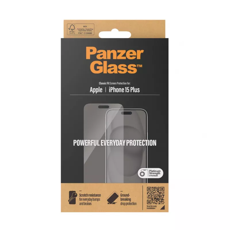 PanzerGlass® película de proteção de ecrã iPhone 15 Plus | Classic Fit, Apple, Apple - iPhone 15 Plus, aplicação a seco, resistente a riscos, resistente a choques, transparente, 1 unid.