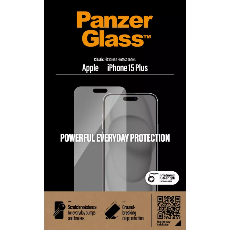 PanzerGlass® película de proteção de ecrã iPhone 15 Plus | Classic Fit, Apple, Apple - iPhone 15 Plus, aplicação a seco, resistente a riscos, resistente a choques, transparente, 1 unid.