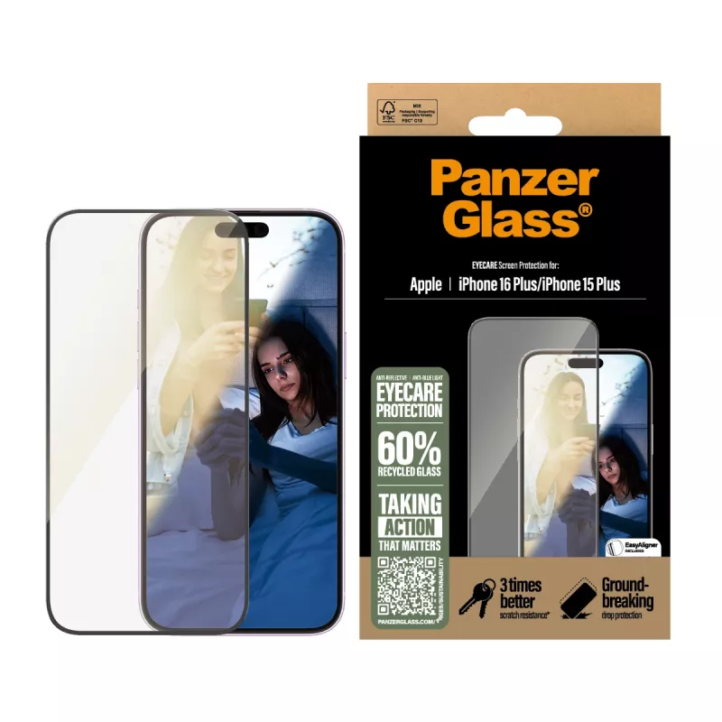 PanzerGlass® EyeCARE™ película de proteção de ecrã iPhone 16 Plus | 15 Plus | Ultra-Wide Fit