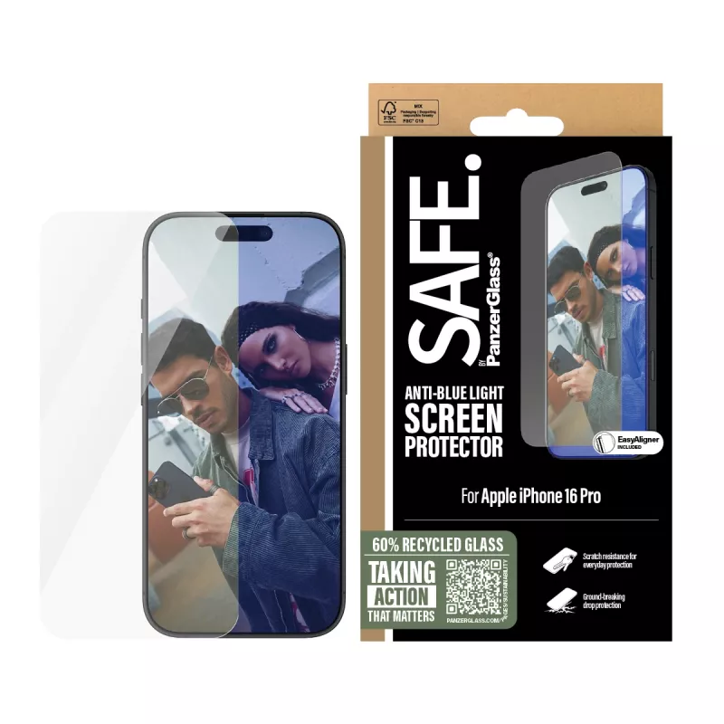 PanzerGlass SAFE. by ® protetor de ecrã Anti-Blue Light iPhone 16 Pro | Ultra-Wide Fit