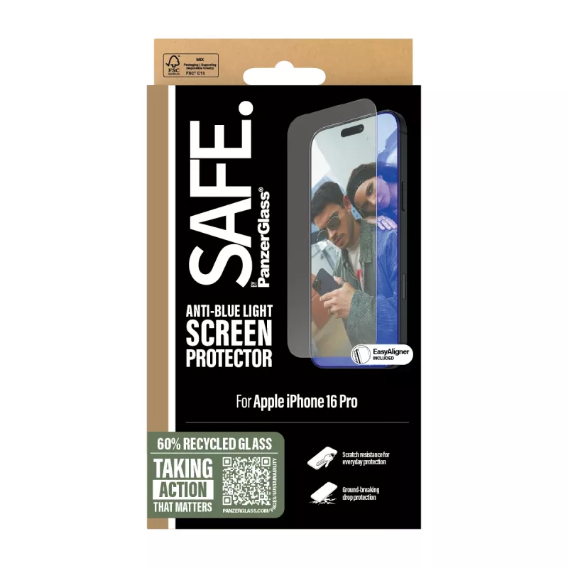 PanzerGlass SAFE. by ® protetor de ecrã Anti-Blue Light iPhone 16 Pro | Ultra-Wide Fit