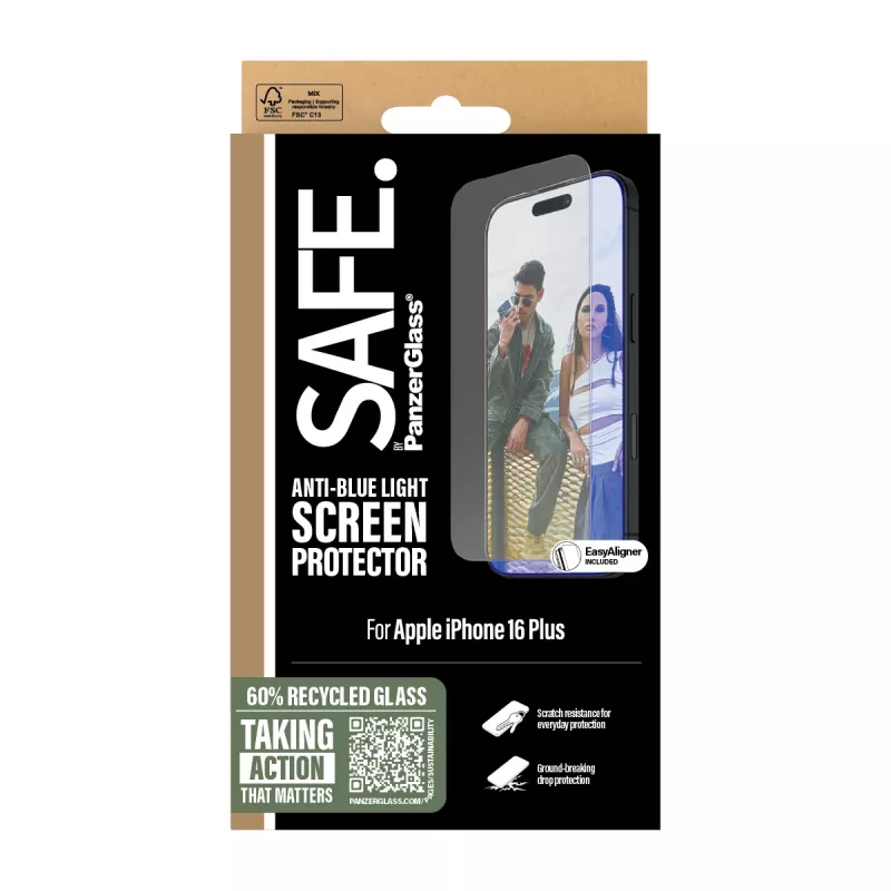 PanzerGlass SAFE. by ® película de proteção de ecrã Anti-Blue Light iPhone 16 Plus | 15 Plus | Ultra-Wide Fit